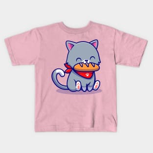 Cute Cat Eating Bread Cartoon Kids T-Shirt